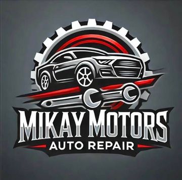 Mikay Motors auto repair logo with a sports car over a gear in black, white, and red