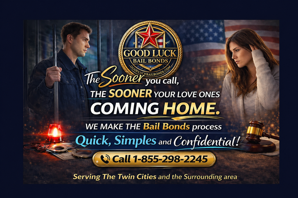 Good Luck Bail Bonds ad: text promises quick, confidential service for the Twin Cities, with a phone number and US flag.
