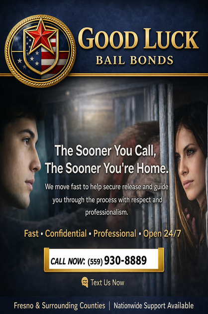 A Good Luck Bail Bonds ad with a badge icon, a person behind bars, and contact information for 24/7 service in Fresno- 