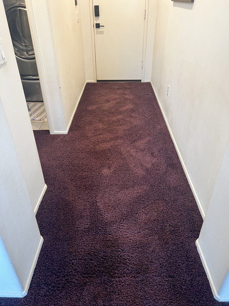 A hallway with purple carpet and a white door.