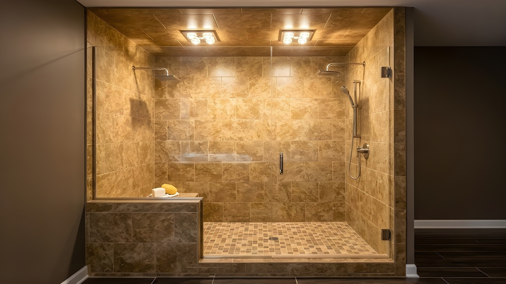 Empty glass shower room with stone tile walls, bench, and warm overhead lights