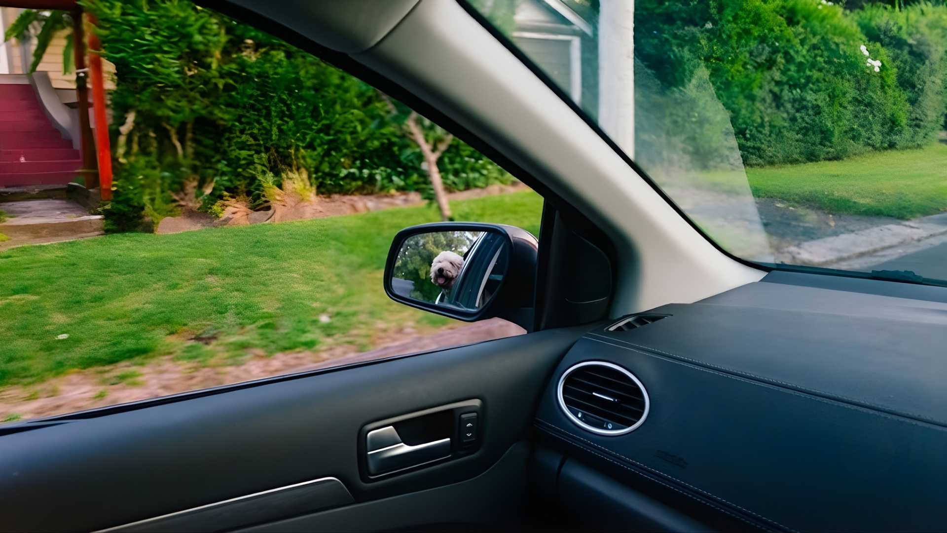 Car interior view through side window of a grassy yard and a red house exterior on a suburban street.