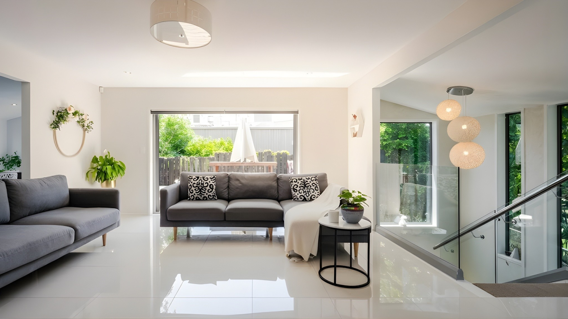 Bright modern living room with gray sofas, white rug, large windows, and staircase lighting