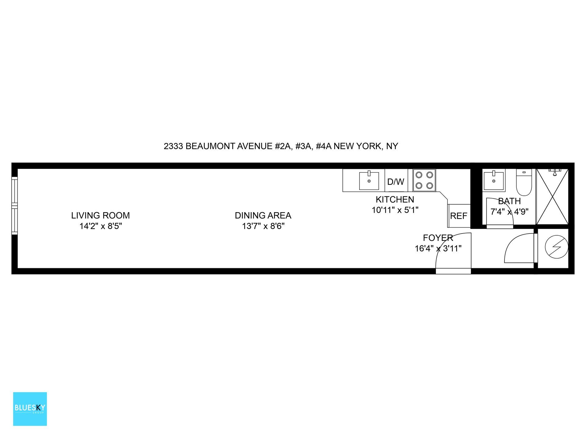 A black and white floor plan of a small apartment.