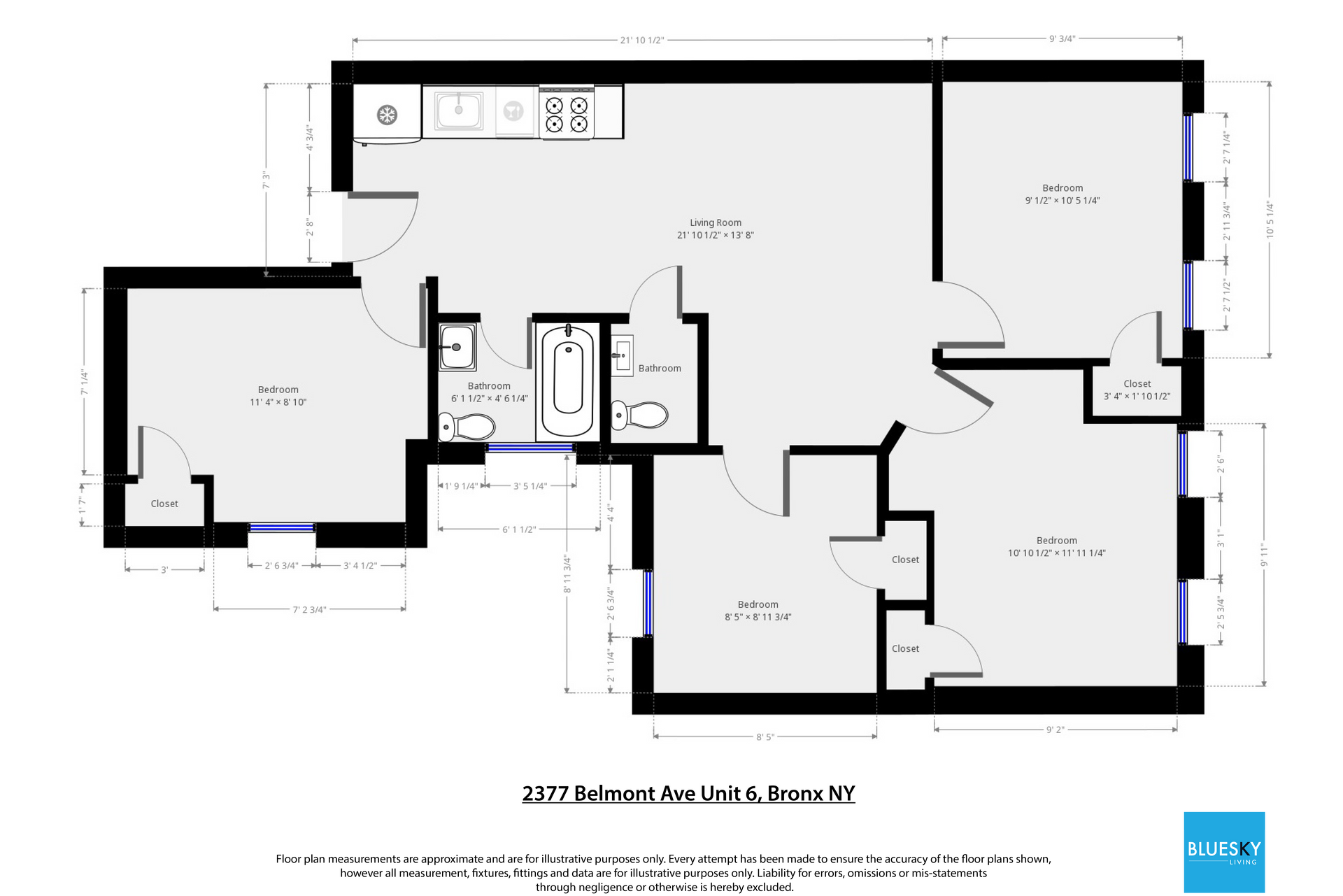 A floor plan of a house with three bedrooms and a bathroom