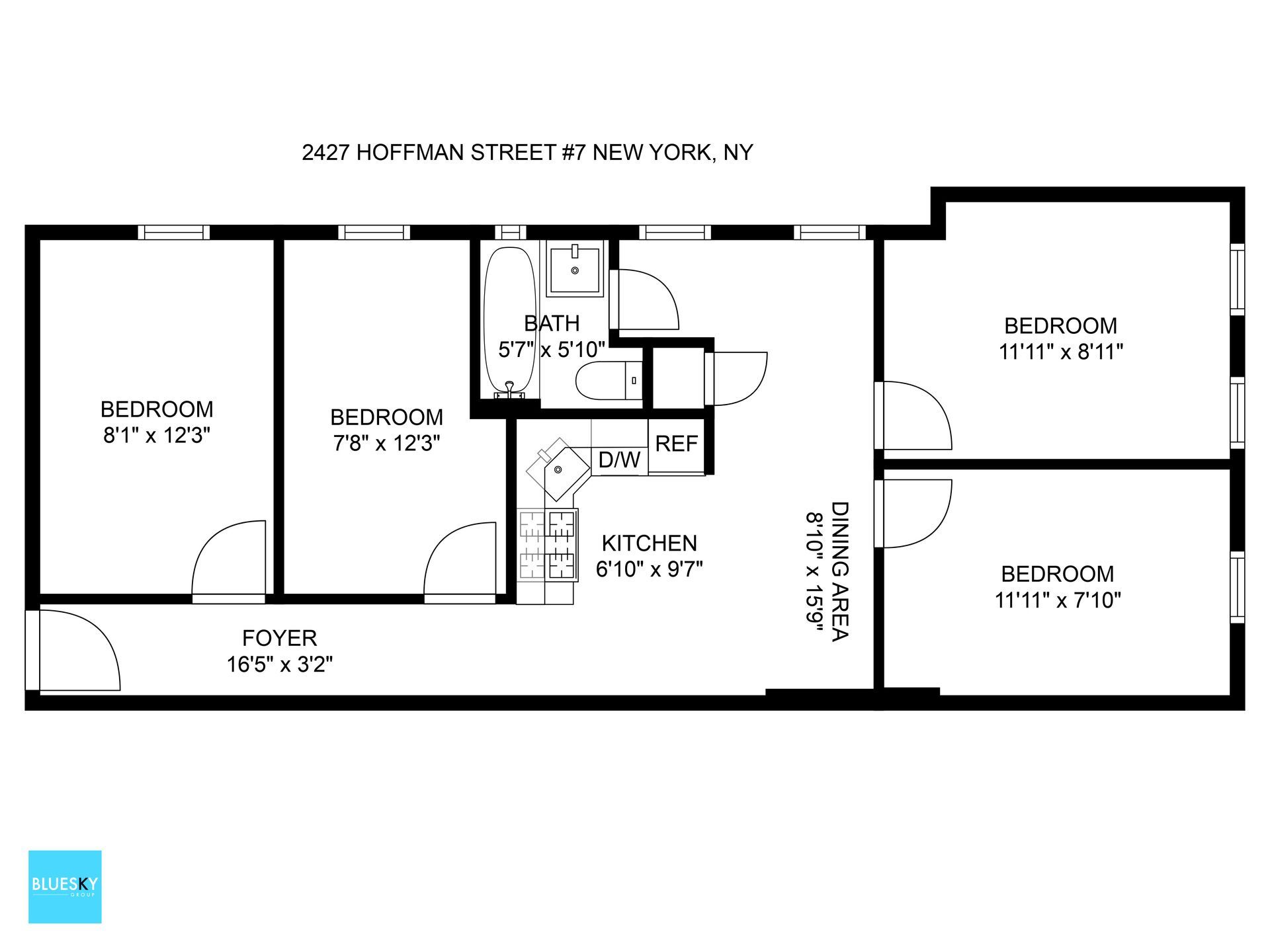 A black and white floor plan of a house with three bedrooms and a bathroom.