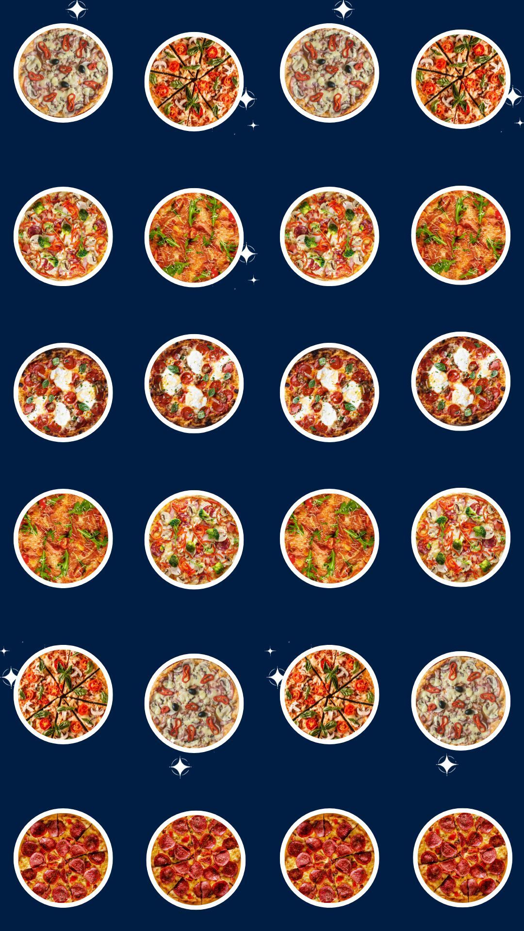 A row of pizzas with different toppings on a blue background.