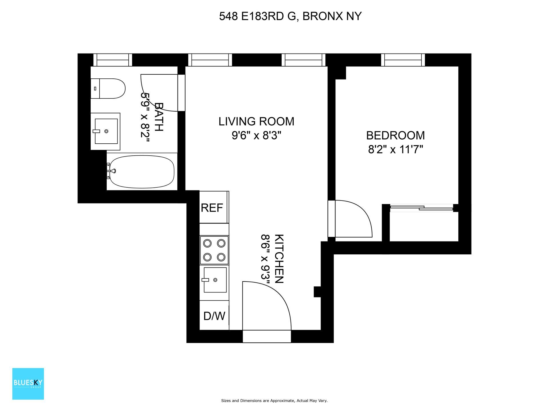 A black and white floor plan of a small apartment.