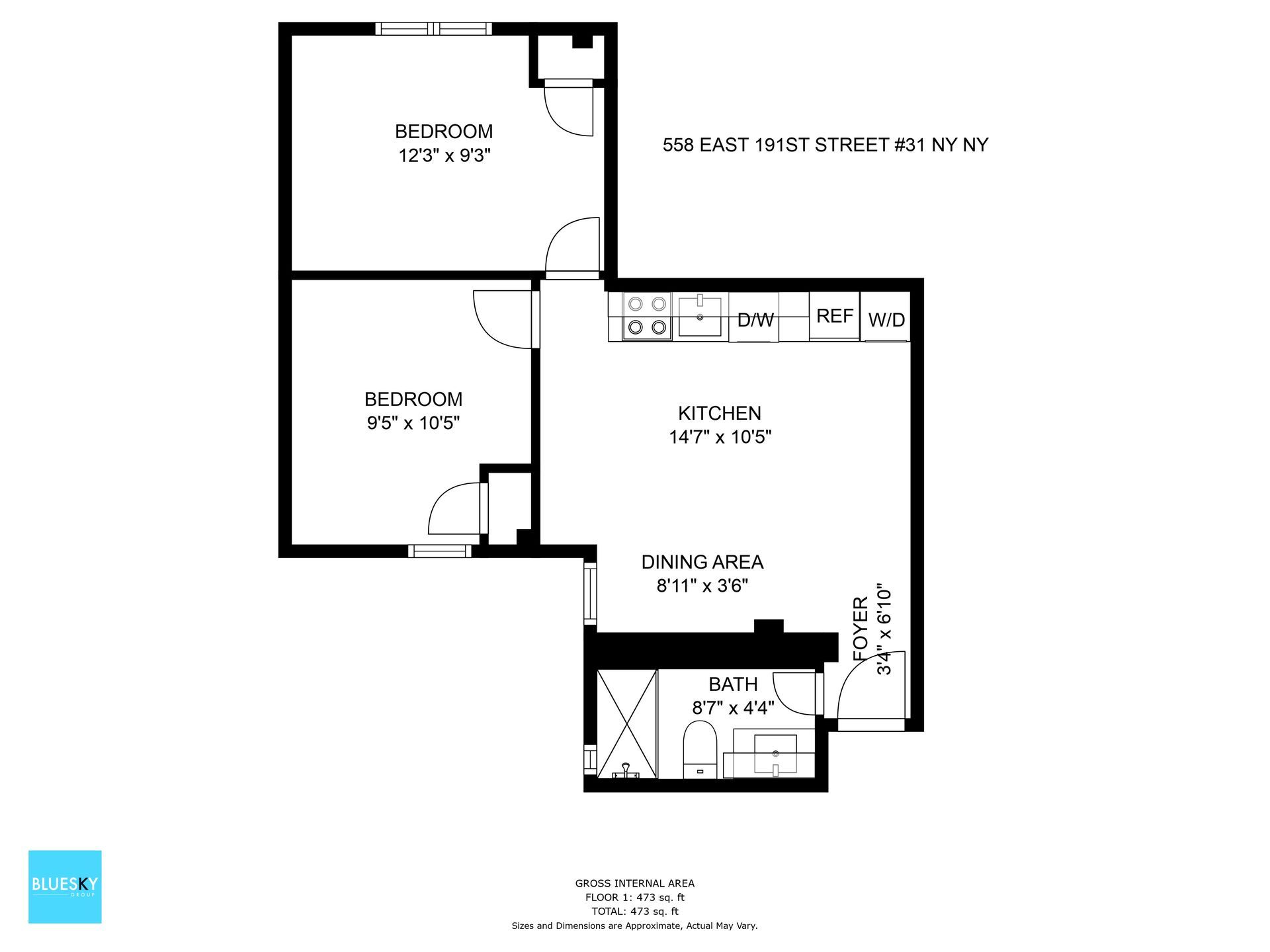 A black and white floor plan of a small apartment.