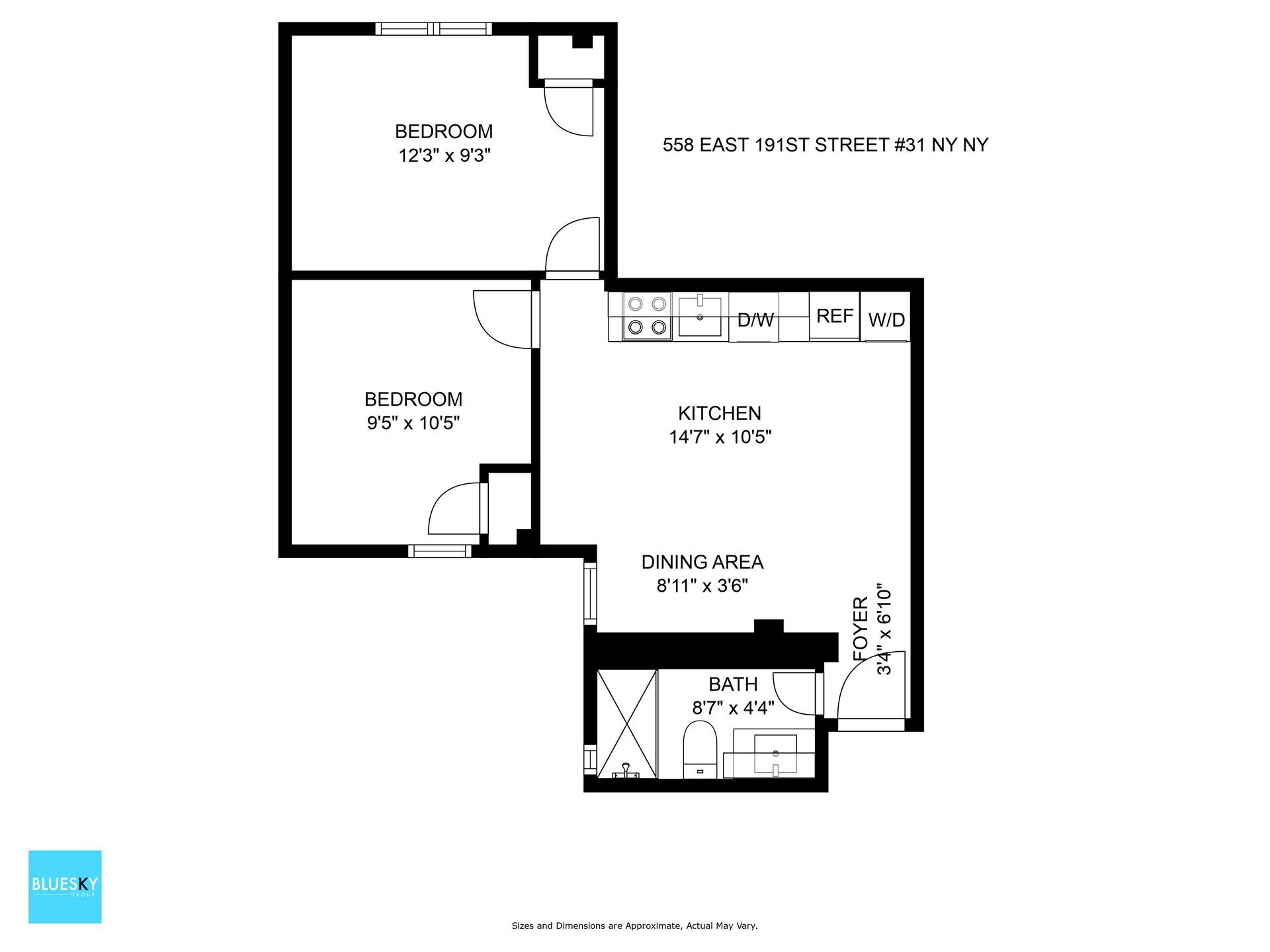 A black and white floor plan of a small apartment.