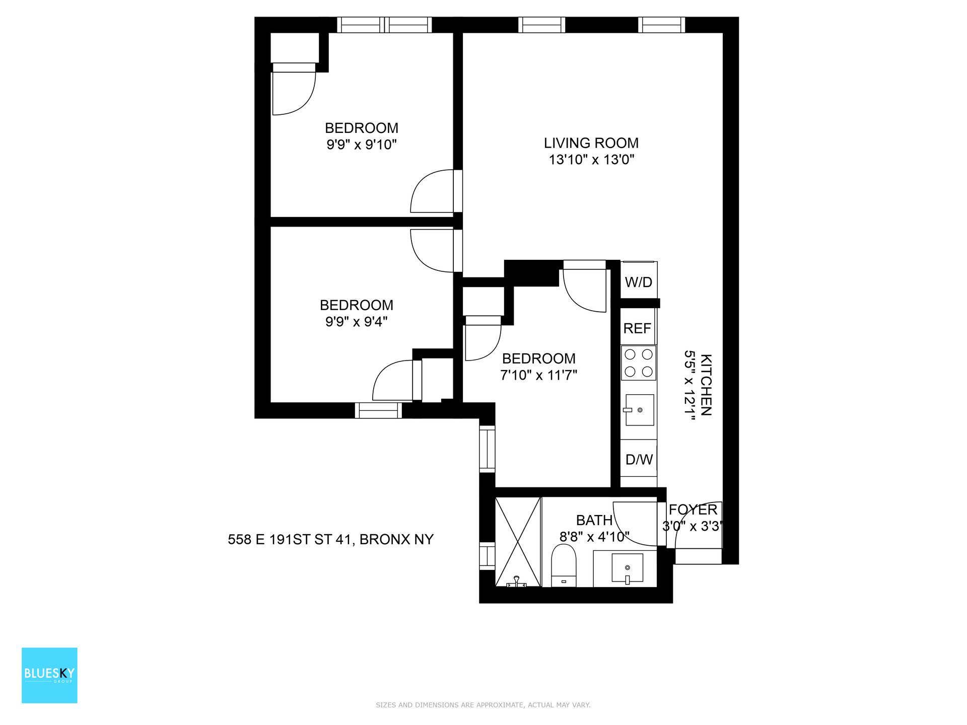 A black and white floor plan of a house with two bedrooms and a kitchen.