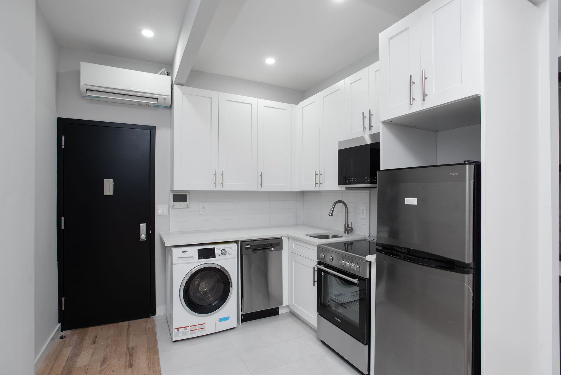 A kitchen with stainless steel appliances and white cabinets