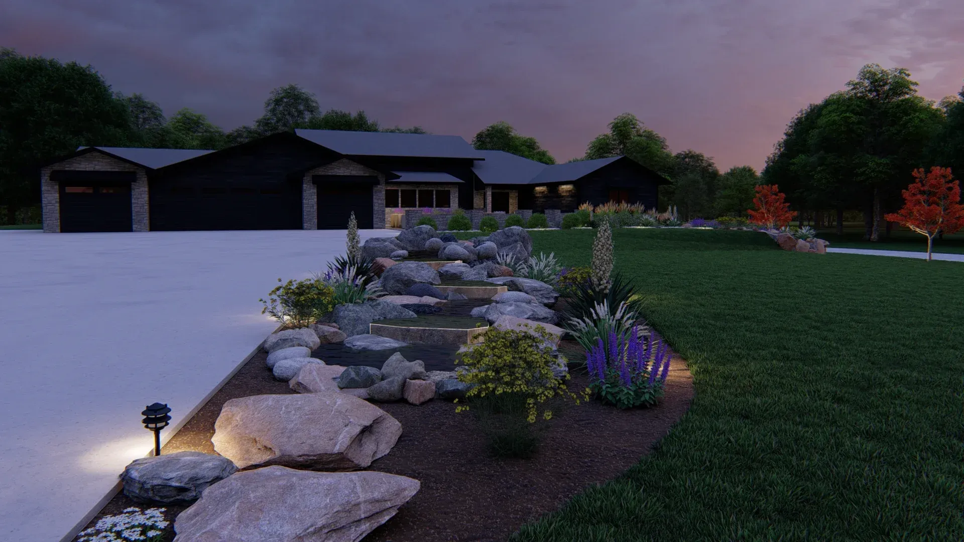 A 3d rendering of a house with a driveway leading to it at night. A 3d rendering of a house with a driveway leading to it at night.