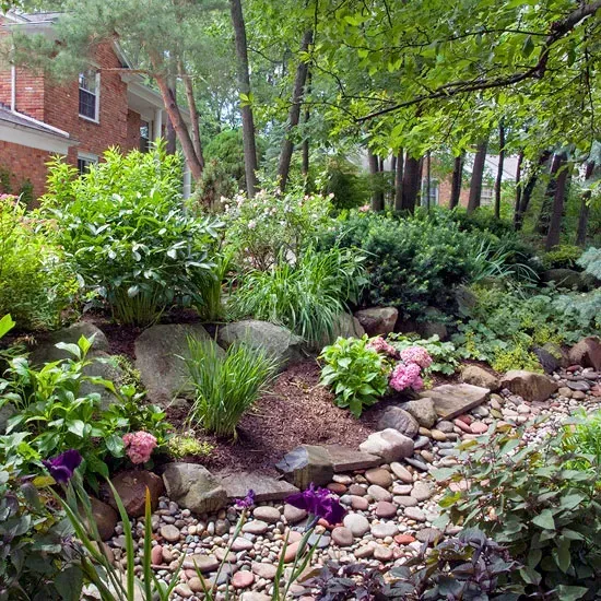 A garden with lots of plants and rocks in front of a brick house. A garden with lots of plants and rocks in front of a brick house.