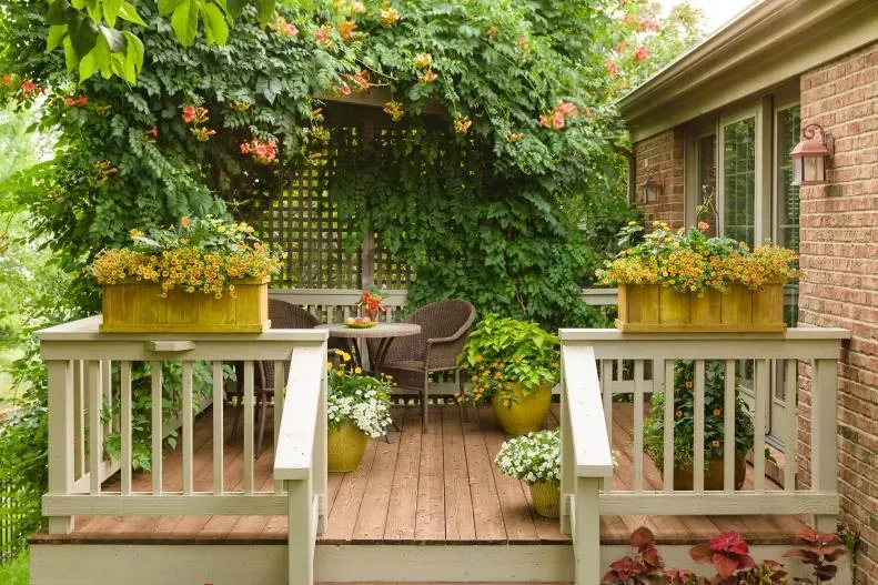 A backyard with a wooden deck, pots, plants, a chair, and table. A backyard with a wooden deck, pots, plants, a chair, and table.
