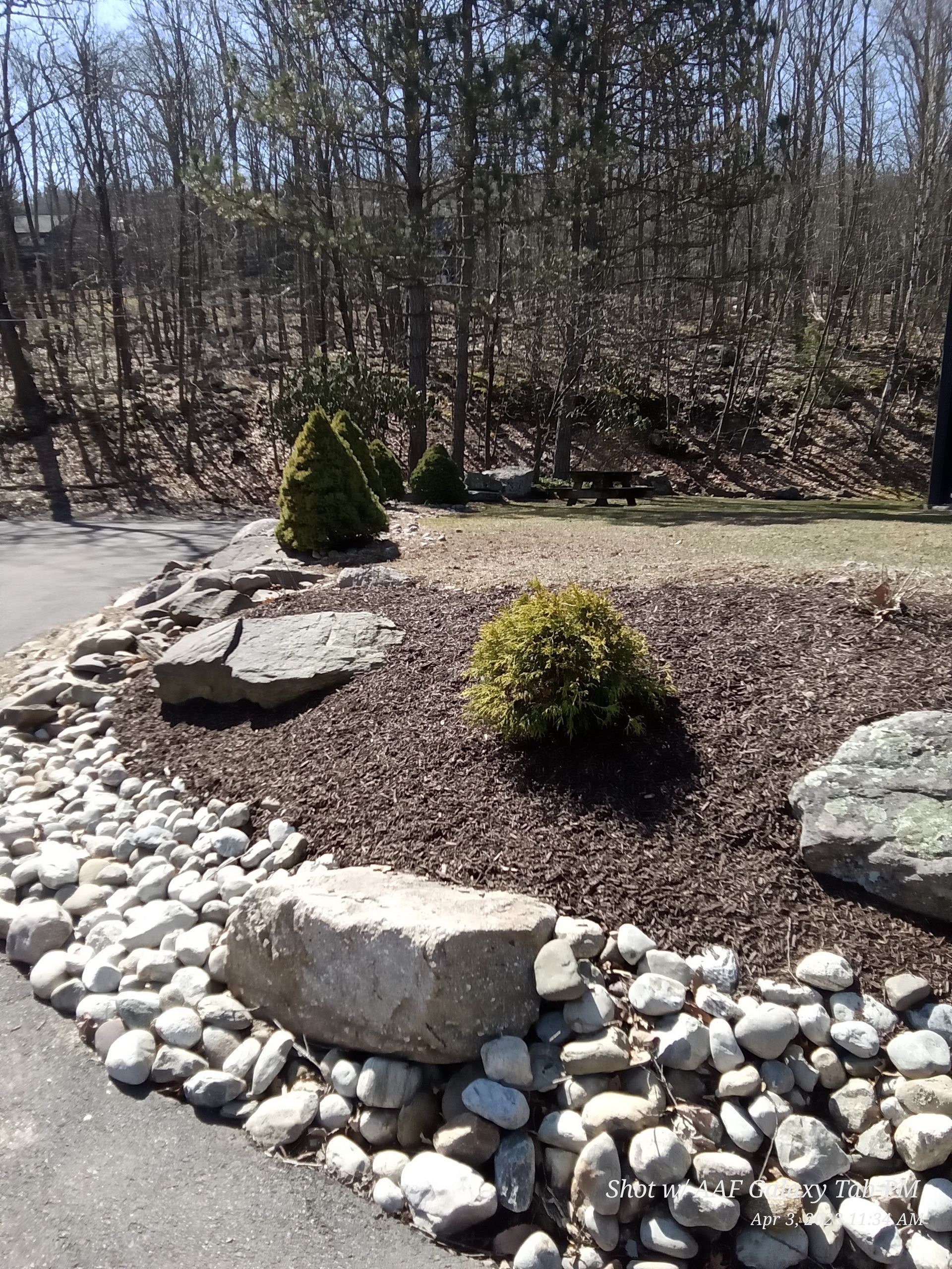 a rock garden with trees in the background and a road in the foreground .