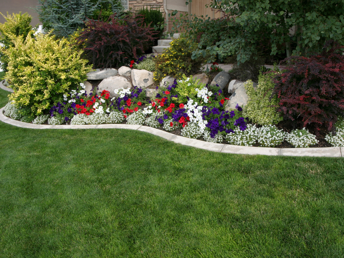 Lush garden bed with colorful flowers and shrubs, bordered by a curved concrete edge and green lawn.