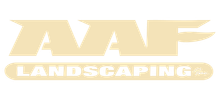 A logo for aaf landscaping with trees in the background