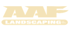 A logo for aaf landscaping with trees in the background
