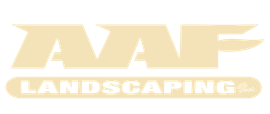 A logo for aaf landscaping with trees in the background
