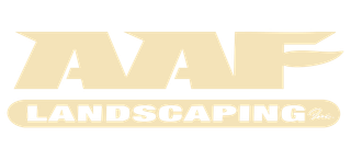 A logo for aaf landscaping with trees in the background