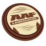 The logo for aaf landscaping is a wooden circle
