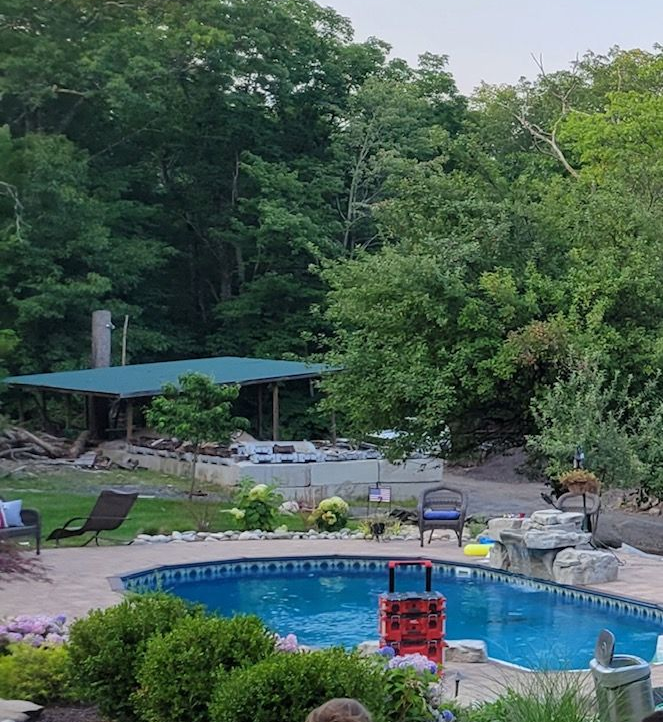 Pool area with pool, patio, and green roof structure surrounded by trees.
