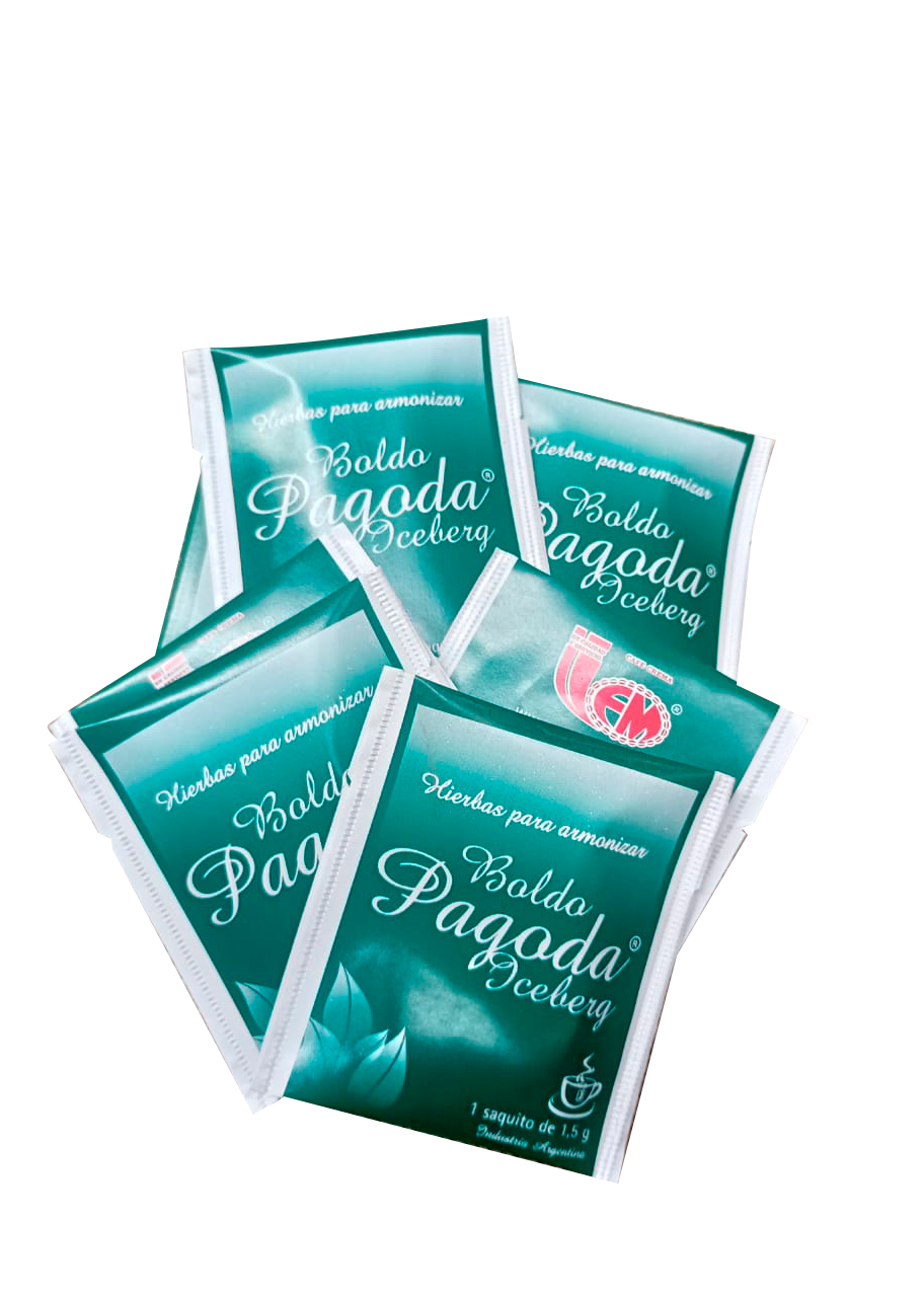Boldo en sobres junto a una taza de infusión y hojas de té sobre fondo marrón.