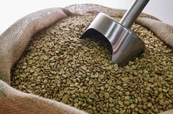 Cuchara metálica dentro de un saco de arpillera lleno de granos de café verde.