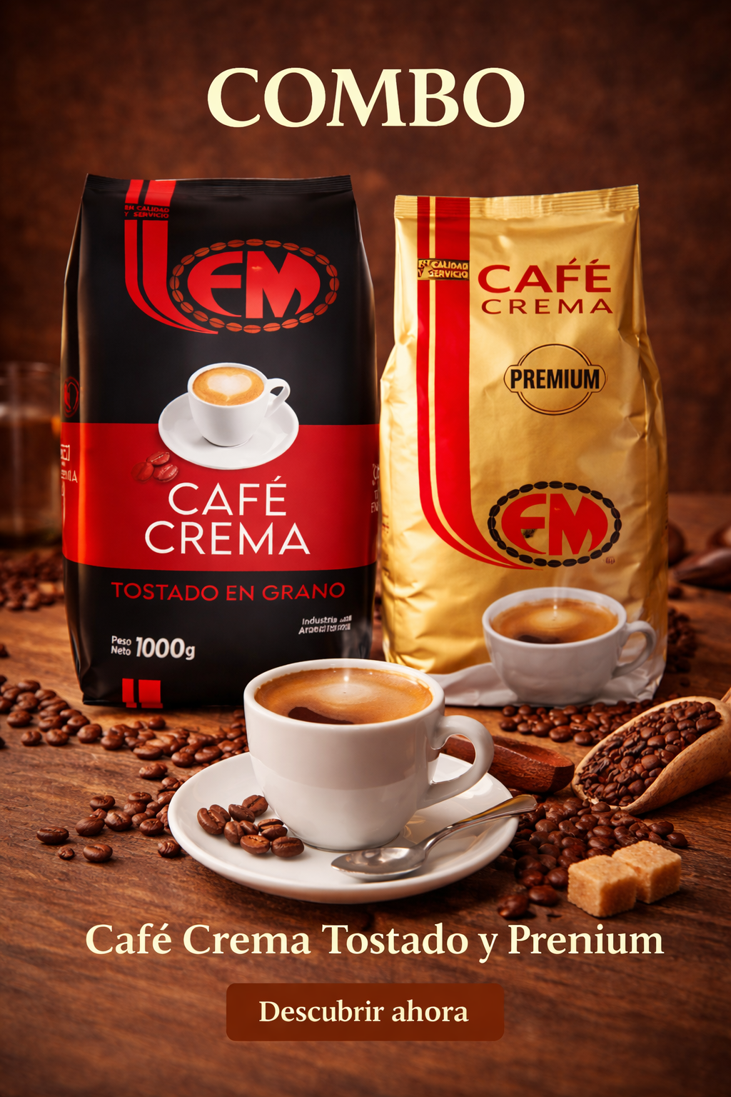 Paquete combinado de cafés Café Crema con una taza de café sobre fondo marrón y el lema “Descubrir ahora”.