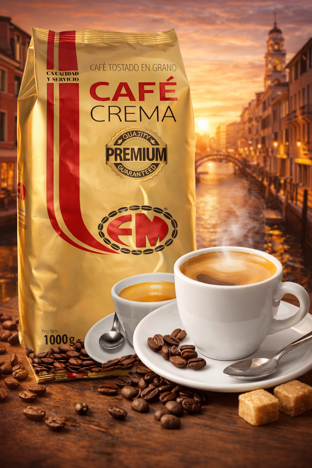 Bolsa de café premium Cafe Crema con una taza blanca de café, granos y terrones de azúcar
