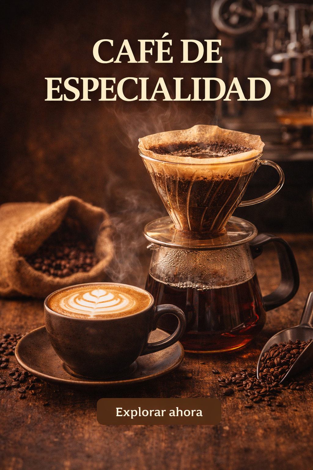 Anuncio de café de especialidad con cafetera, taza y filtro sobre mesa oscura, en tonos marrones