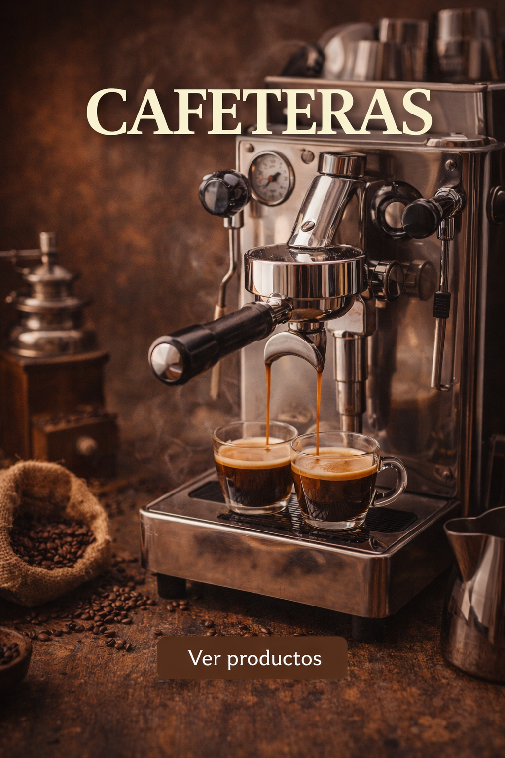 Cartel promocional de una máquina de espresso de acero inoxidable con dos tazas pequeñas de café