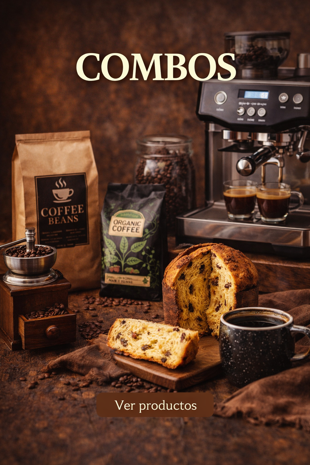 Promoción de café con granos, molinillo, máquina de espresso y una hogaza de panettone sobre una mesa rústica.