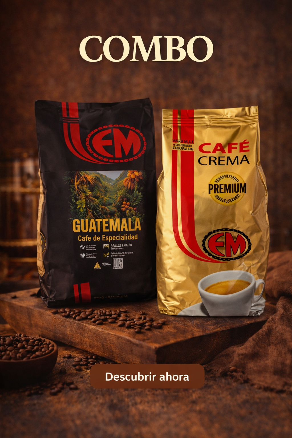 Combo de café premium: dos bolsas CM, una negra de Guatemala y una dorada Café Crema, con taza sobre mesa rústica.