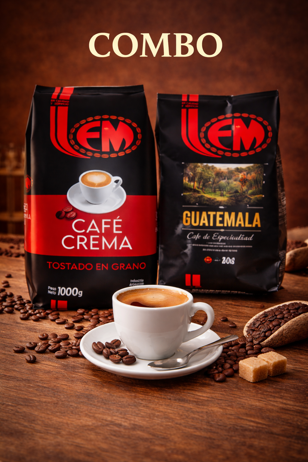 Combinación de dos paquetes de café Cem, Café Crema y Guatemala, sobre una mesa de madera con una taza de café y granos.