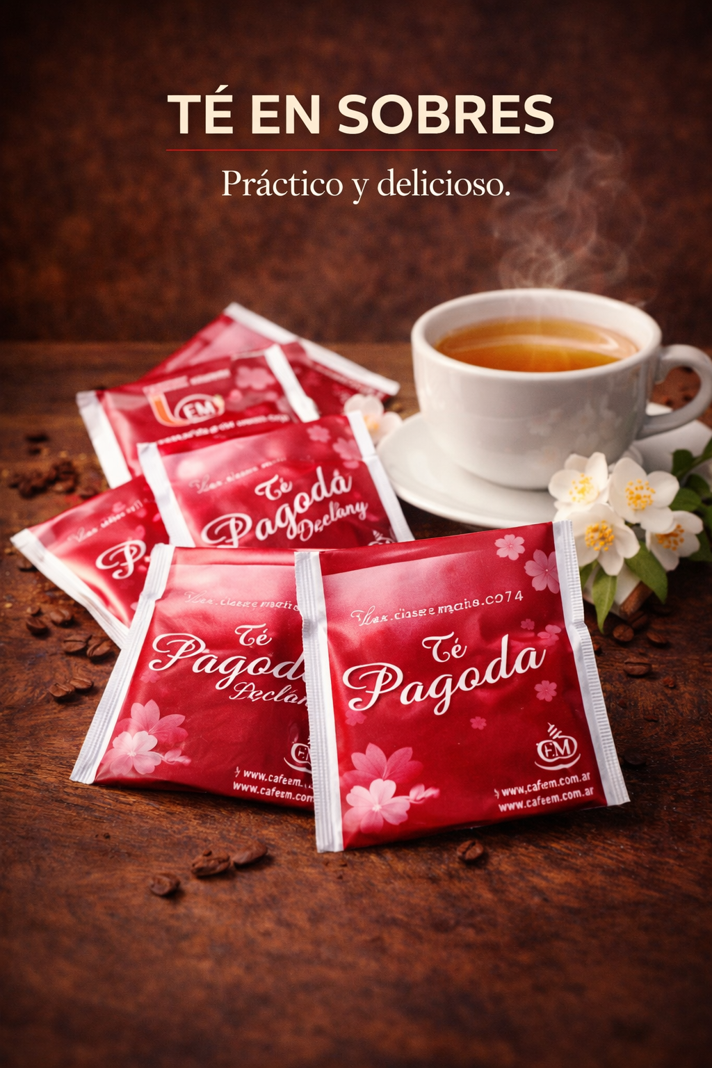 Sobres de té rojo con taza de té y flores sobre mesa de madera, con texto “TE EN SOBRES”