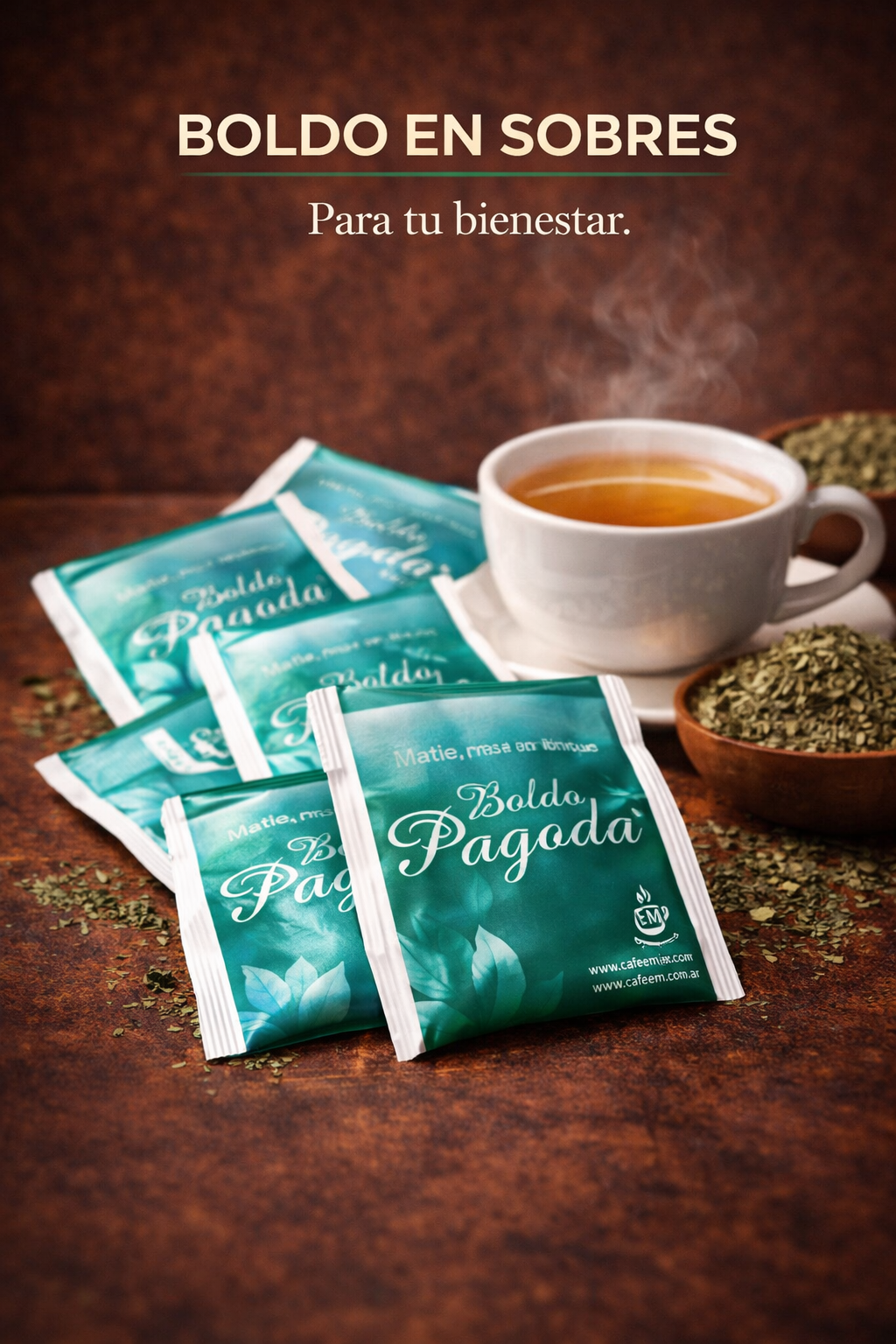 Boldo en sobres junto a una taza de infusión y hojas de té sobre fondo marrón.