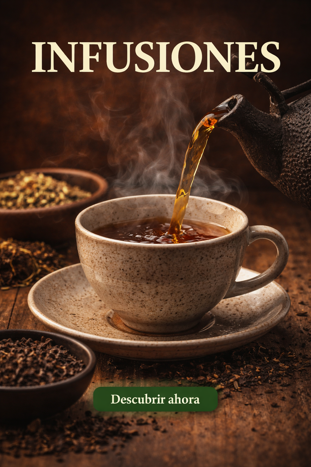Anuncio de infusiones con taza humeante y té vertiéndose, granos alrededor y botón “Descubrir ahora”.