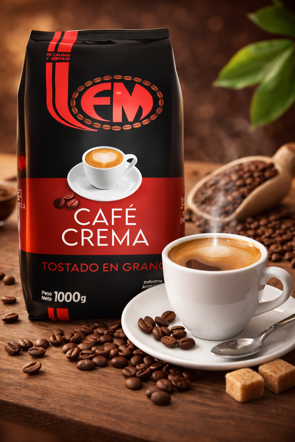 Bolsa de café LEM Caffé Crema con taza de café, granos, cuchara y terrones de azúcar sobre una mesa de madera.