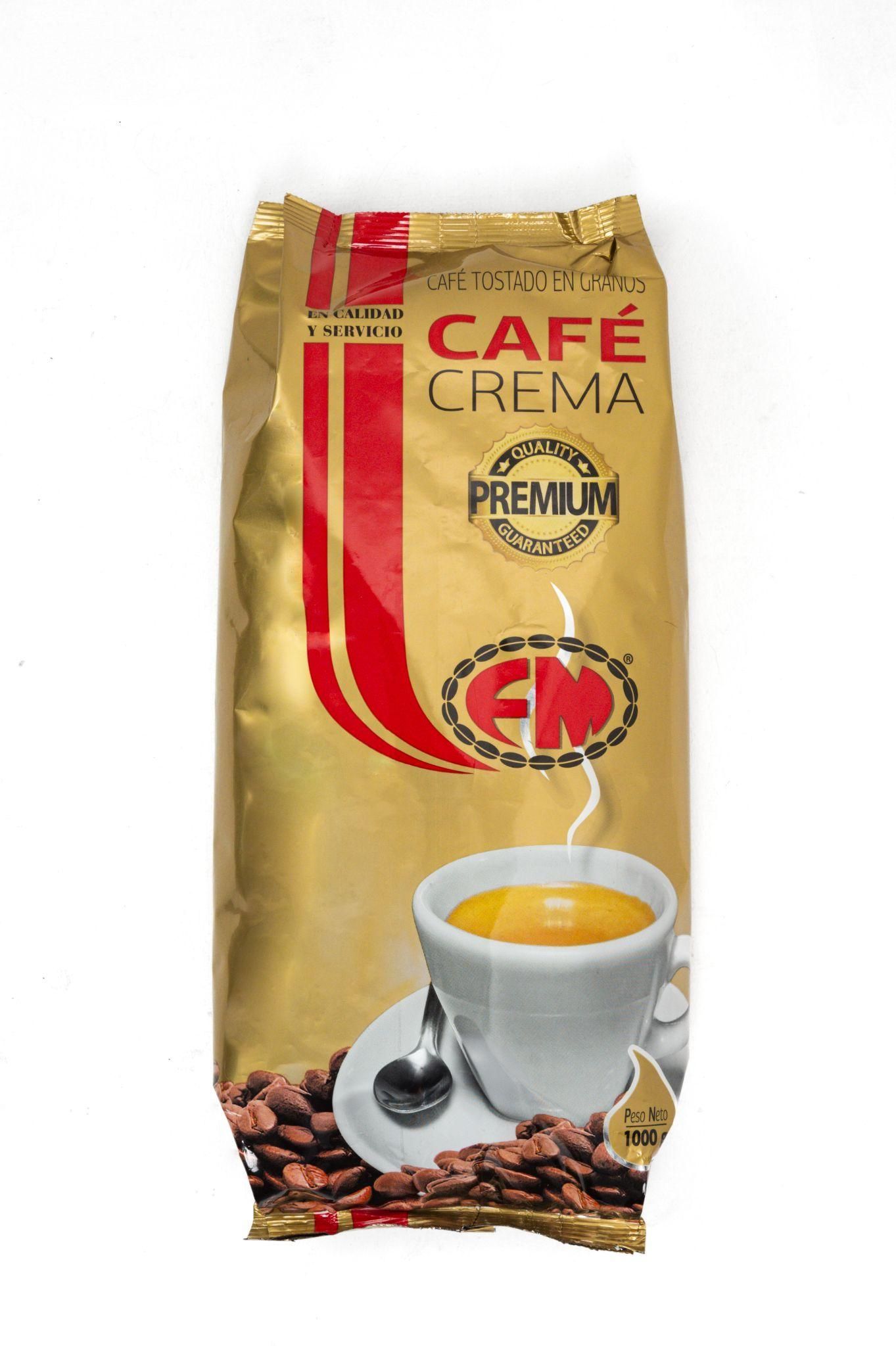 Bolsa de café premium Cafe Crema con una taza blanca de café, granos y terrones de azúcar