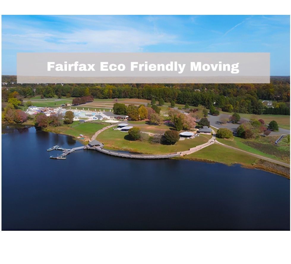Aerial view of a lakeside park with a banner reading “Fairfax Eco Friendly Moving”