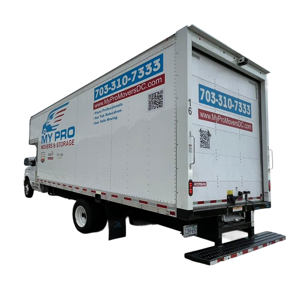 White moving truck with blue and red MY PRO branding and phone number, shown from the rear side.