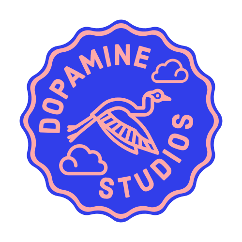 A blue and pink logo for dopamine studios with a bird and clouds