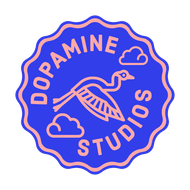 A blue and pink logo for dopamine studios with a bird and clouds