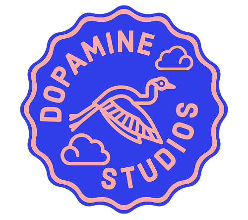 The logo for dopamine studios has a bird and clouds on it.