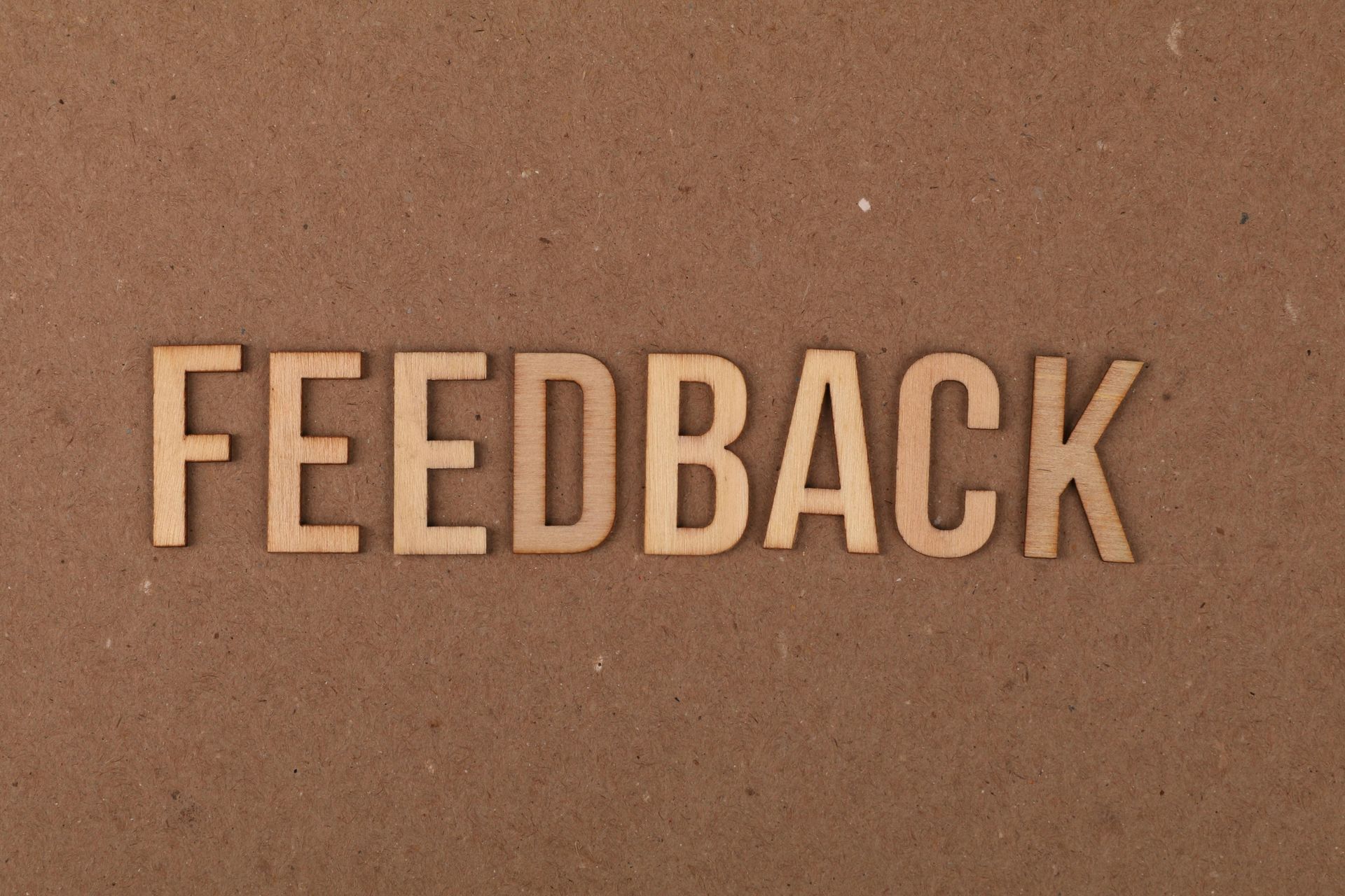The word “FEEDBACK” in raised beige letters on a brown background.