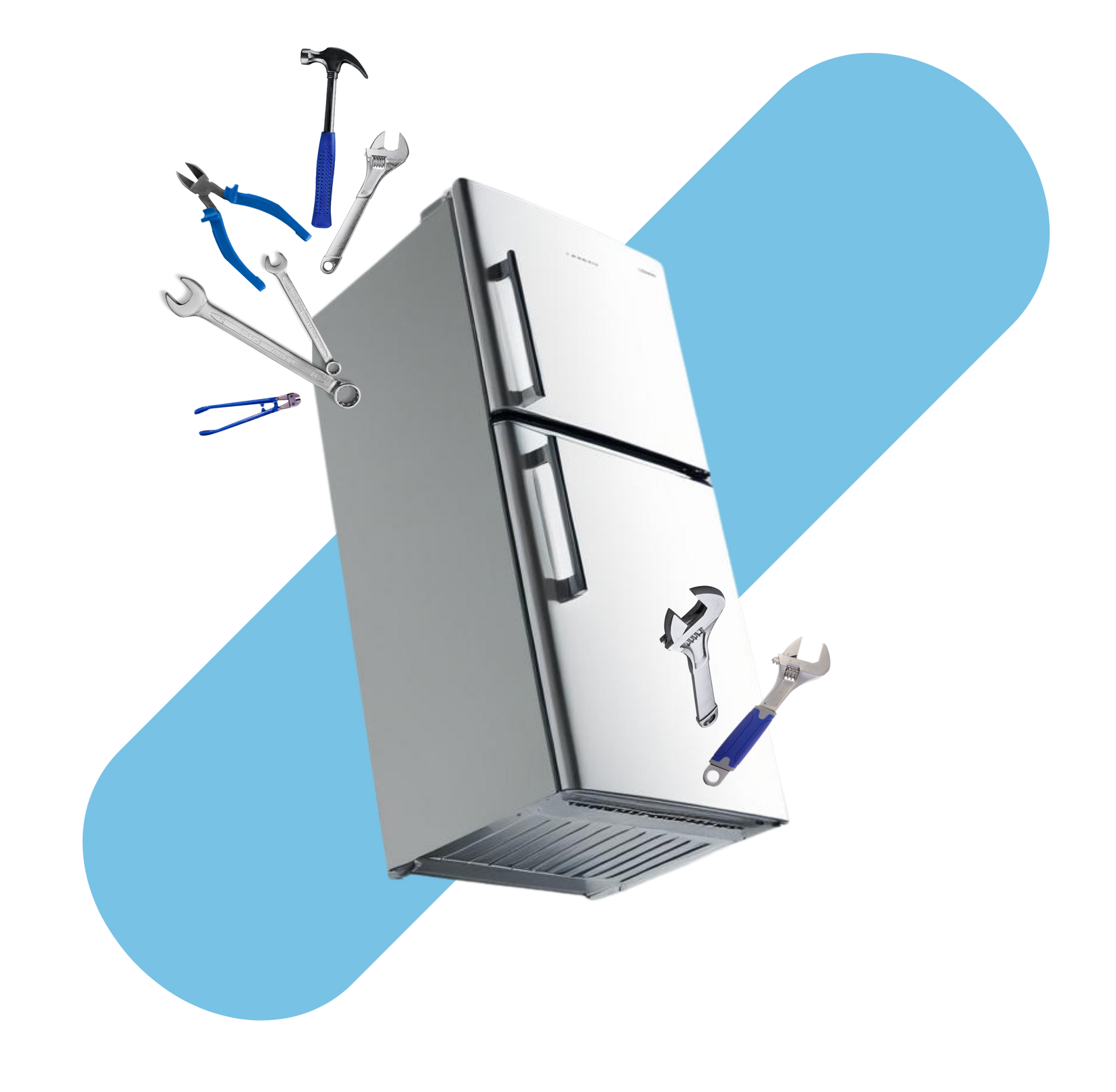 A refrigerator is being repaired with tools flying out of it.
