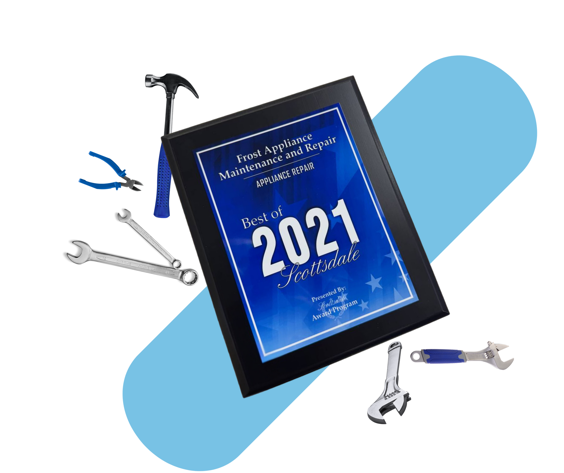 A framed certificate with the year 2021 on it is surrounded by tools.