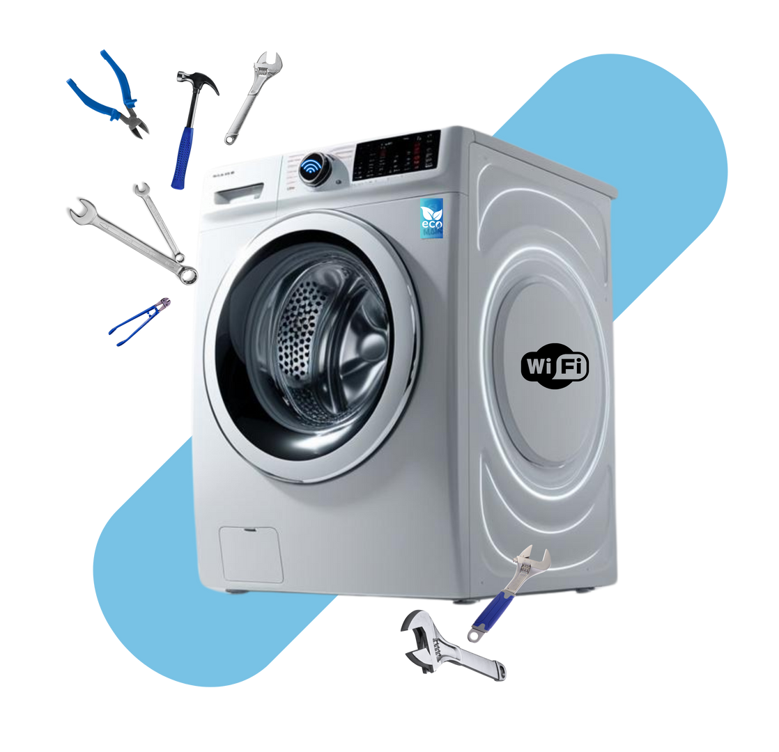 A washing machine is surrounded by tools on a blue background.